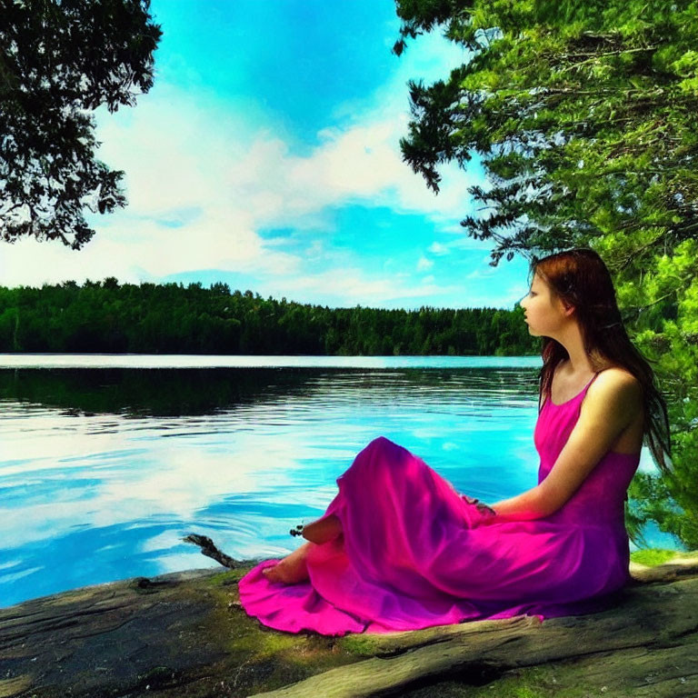 Woman in Pink Dress Sitting by Tranquil Lakeside