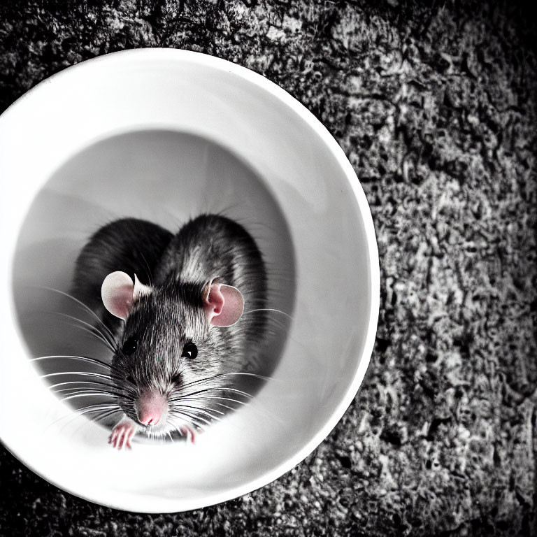 Gray pet rat in white bowl on textured surface, looking up.