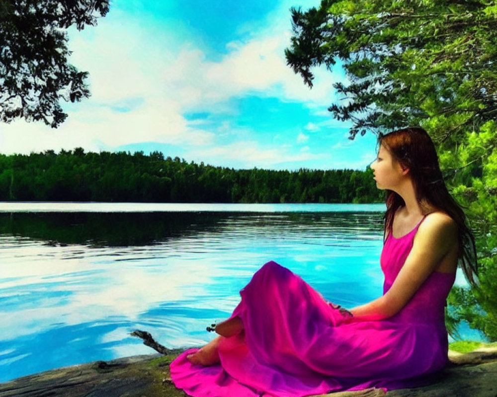 Woman in Pink Dress Sitting by Tranquil Lakeside