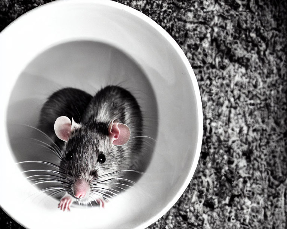 Gray pet rat in white bowl on textured surface, looking up.