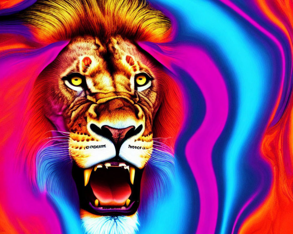 Colorful Roaring Lion Digital Artwork with Psychedelic Mane