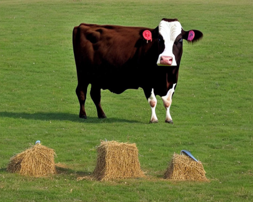 Brown and White Cow in Green Field with Peacocks and Hay Bales