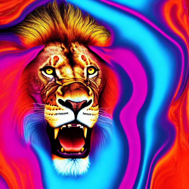 Colorful Roaring Lion Digital Artwork with Psychedelic Mane