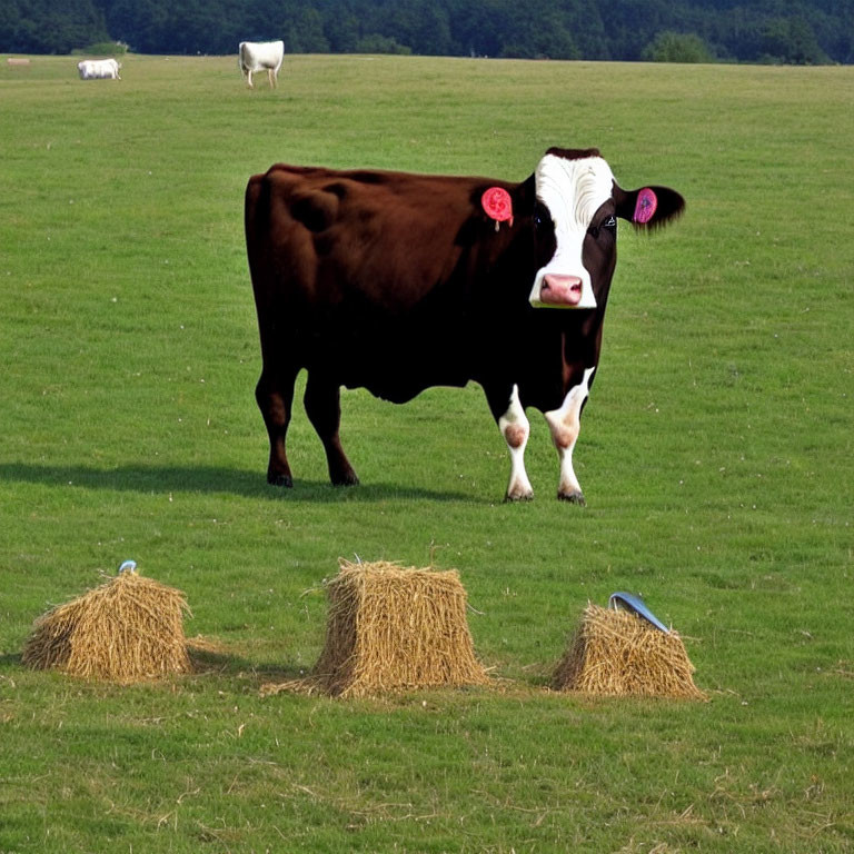 Brown and White Cow in Green Field with Peacocks and Hay Bales