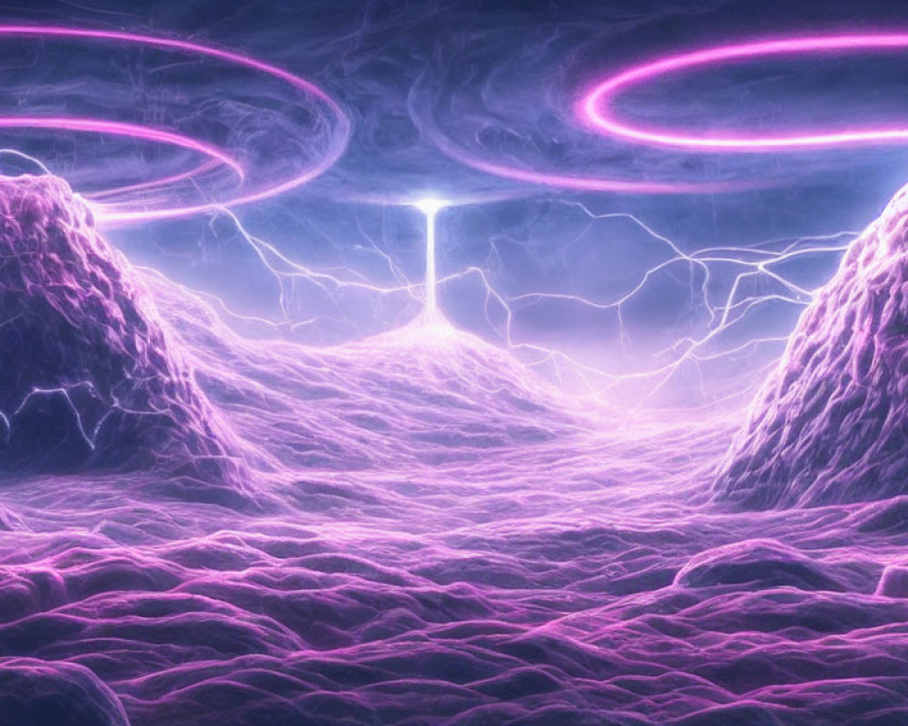 Surreal purple landscape with mountains, luminous tower, lightning, and auroras