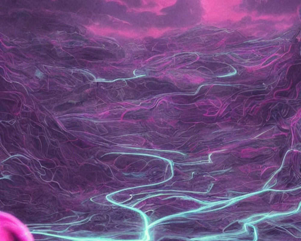 Surreal Purple Landscape with Glowing Blue Rivers and Pink Sun