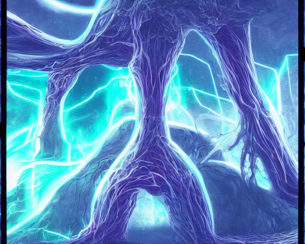 Mystical tree with purple bark and blue light on dark magical background