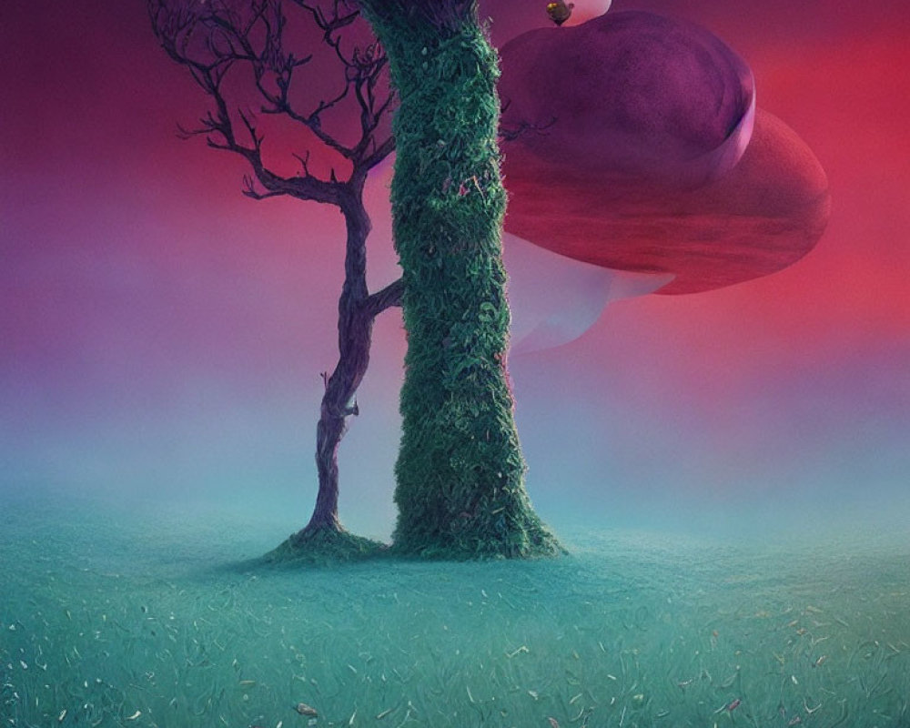 Surreal landscape with leafless tree and floating purple creature