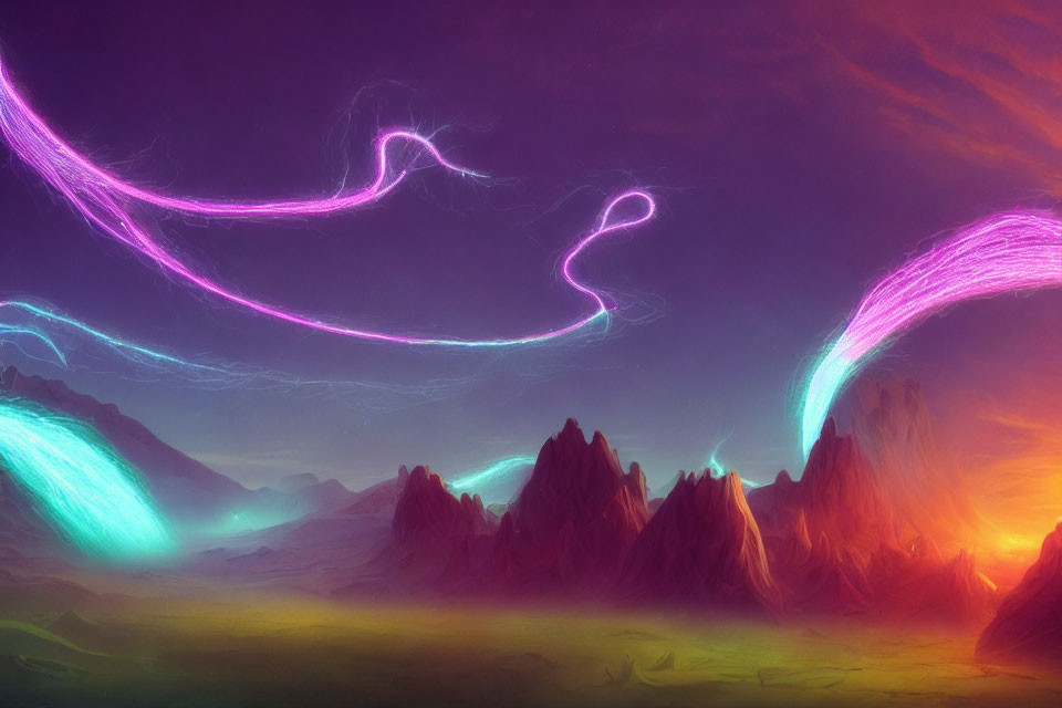 Fantasy Landscape with Pink and Blue Lights Over Jagged Mountains