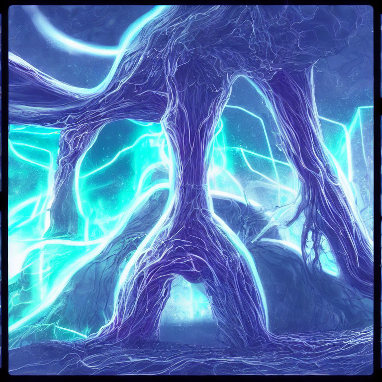 Mystical tree with purple bark and blue light on dark magical background