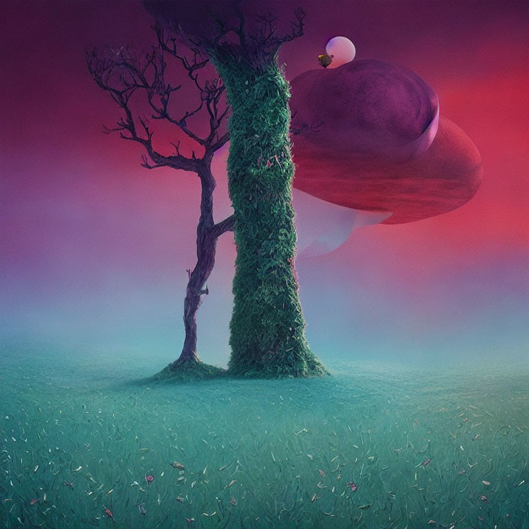 Surreal landscape with leafless tree and floating purple creature