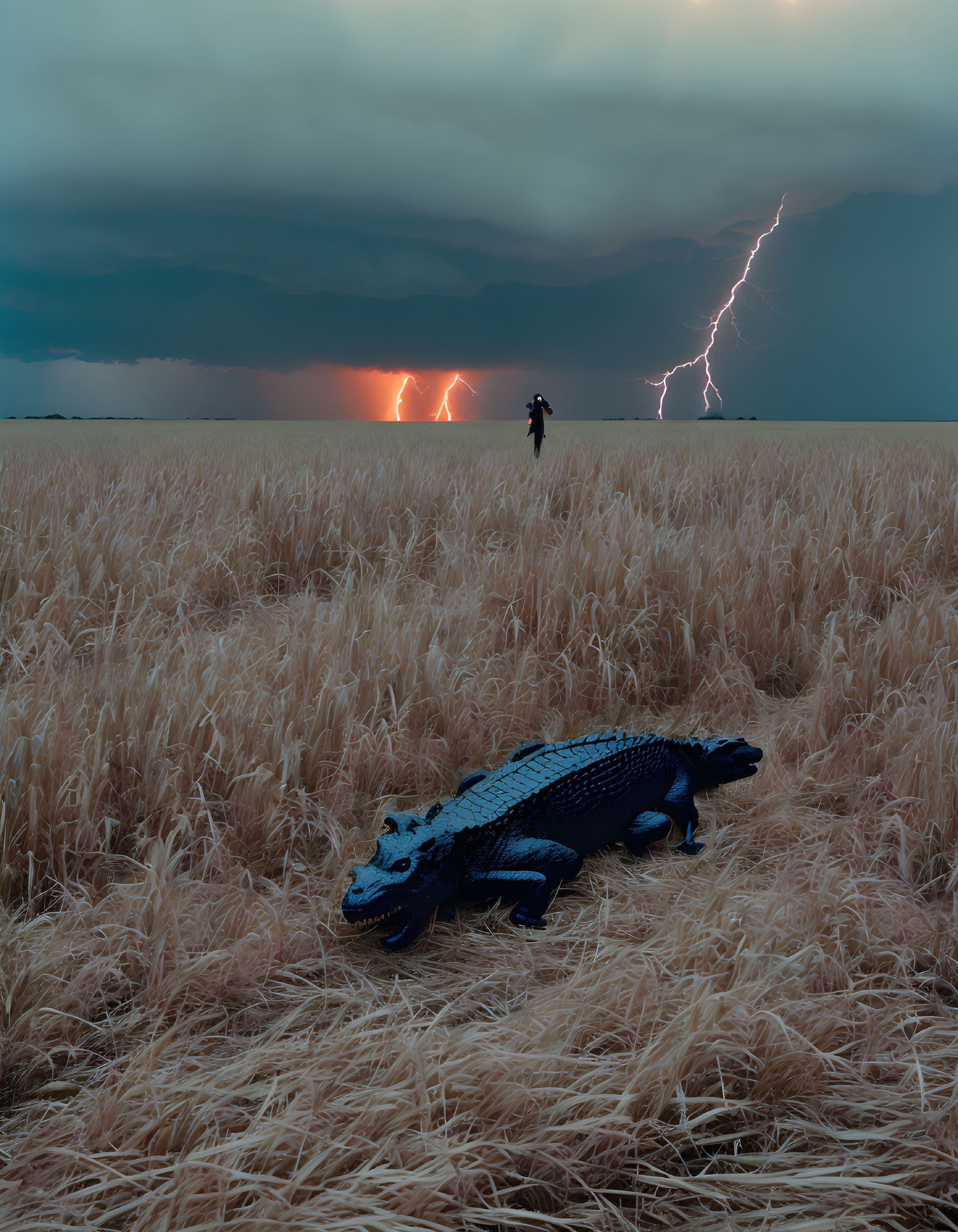 Person in Wheat Field with Stormy Sky and Crocodile Sculpture