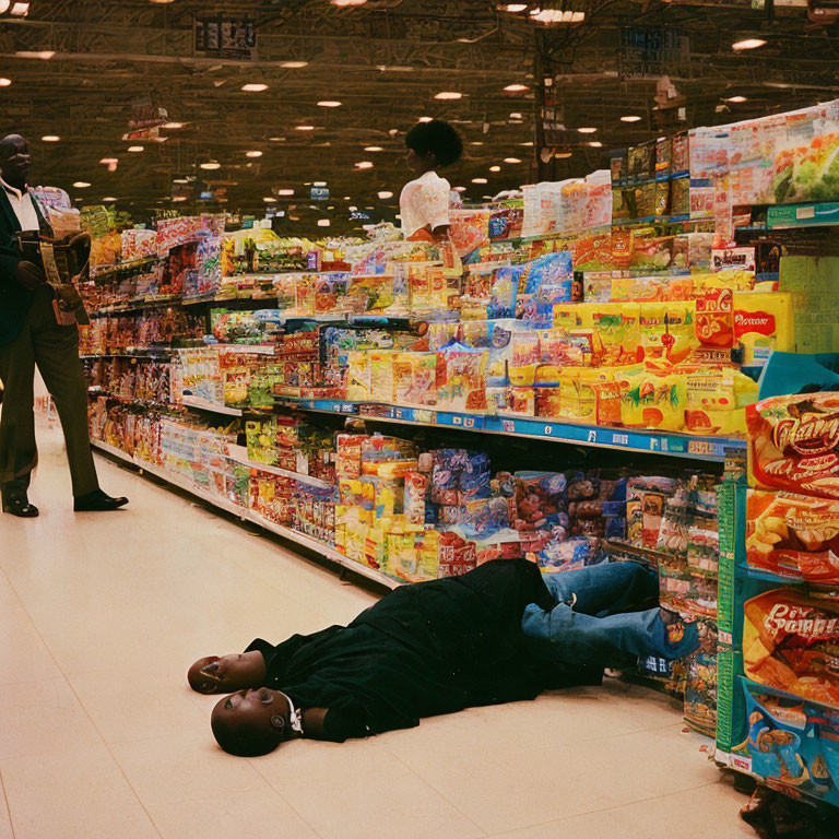 Man lying on grocery store floor next to colorful cereal boxes with puzzled man and child nearby