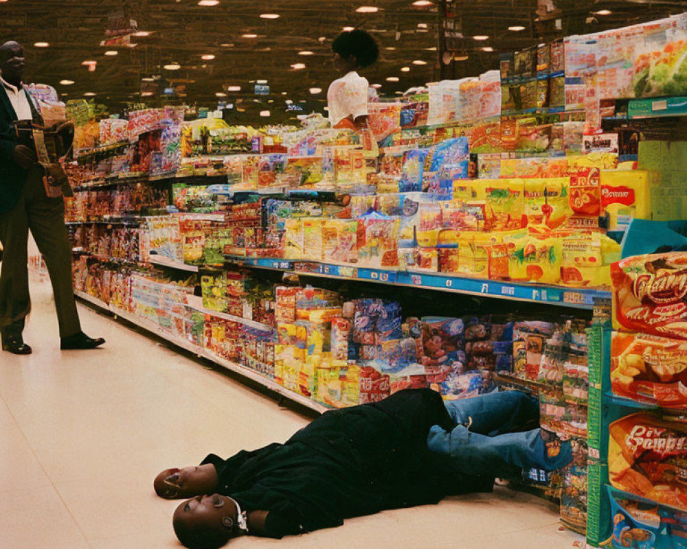 Man lying on grocery store floor next to colorful cereal boxes with puzzled man and child nearby