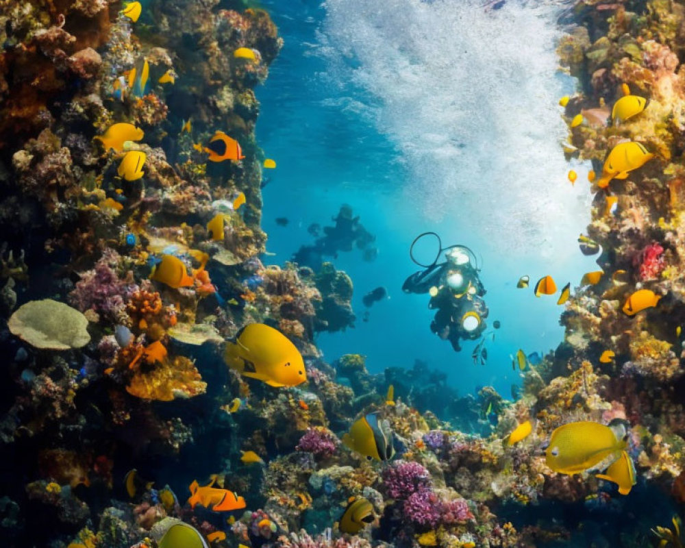 Vibrant underwater coral reef with colorful tropical fish