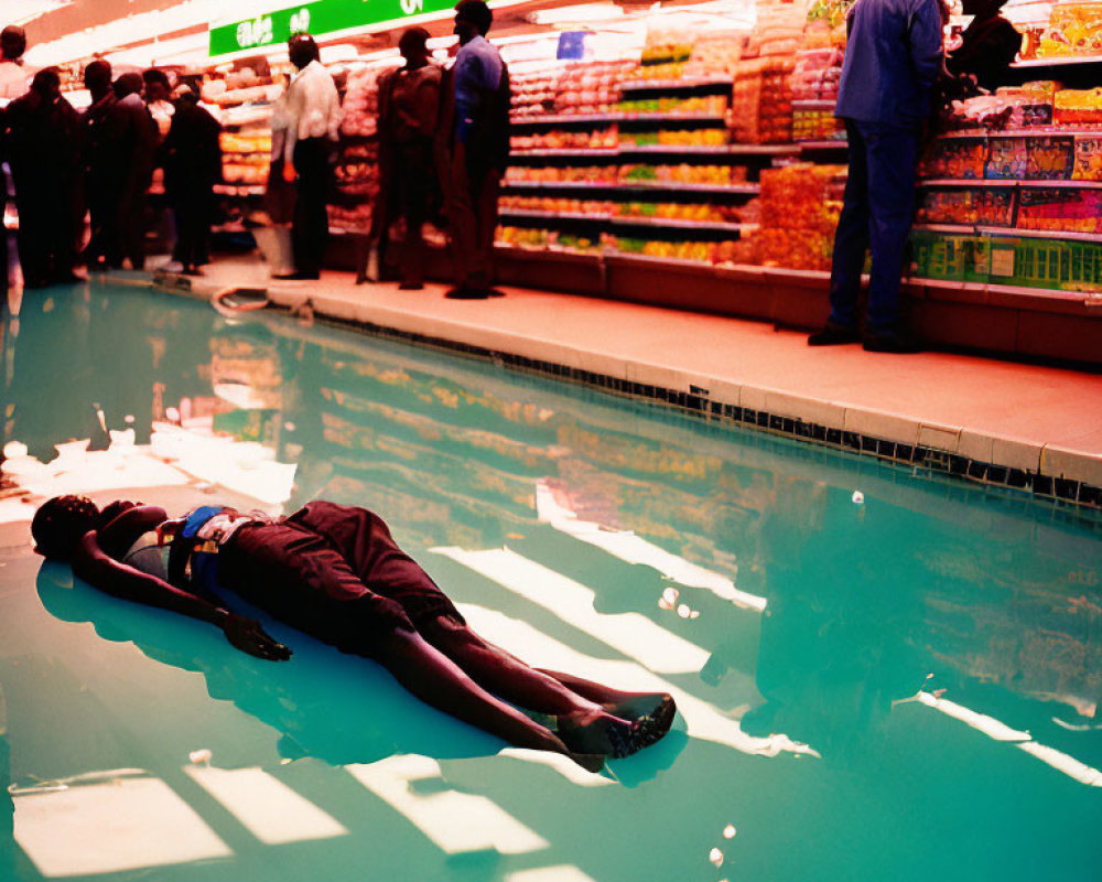 Floating Person Illusion on Glossy Supermarket Floor