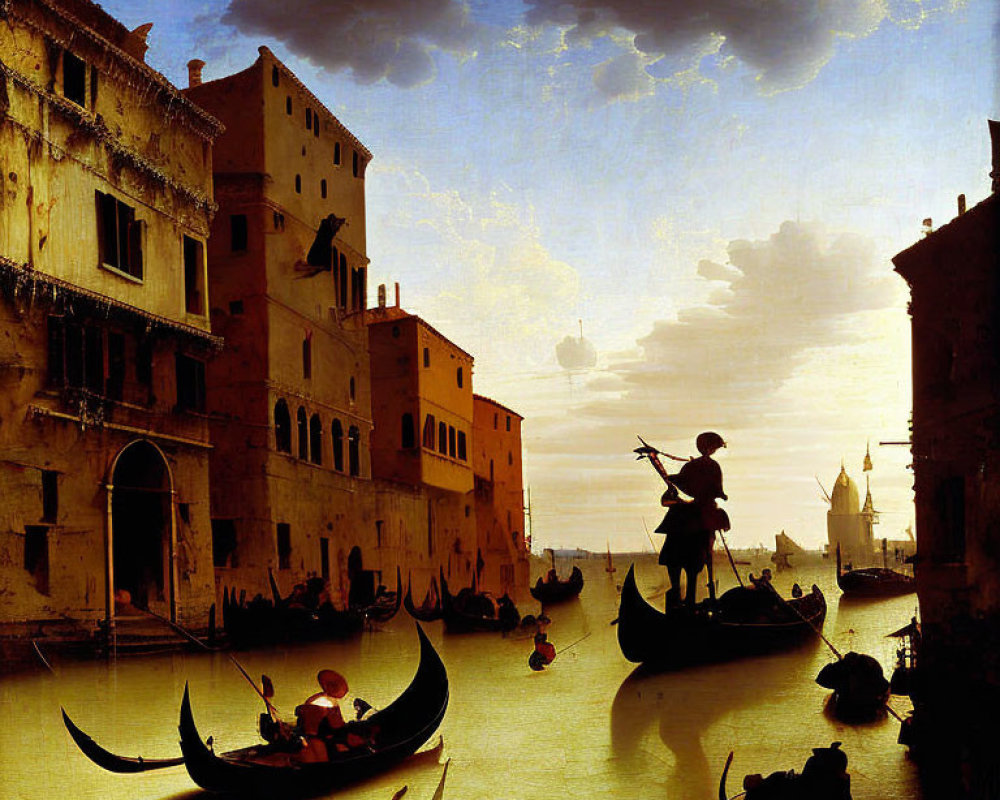 Venetian canal at sunset with gondolas and gondolier silhouettes