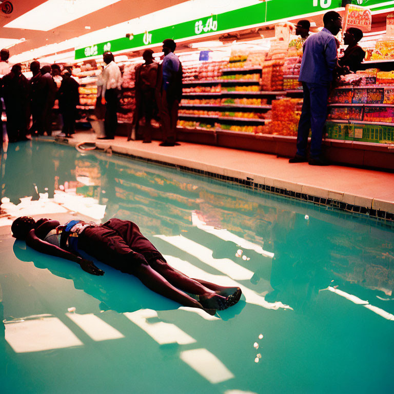 Floating Person Illusion on Glossy Supermarket Floor