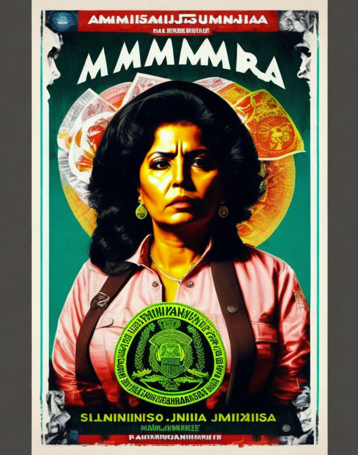 Vintage-Style Poster with Serious Woman and Stylized Graphics