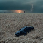 Person in Wheat Field with Stormy Sky and Crocodile Sculpture