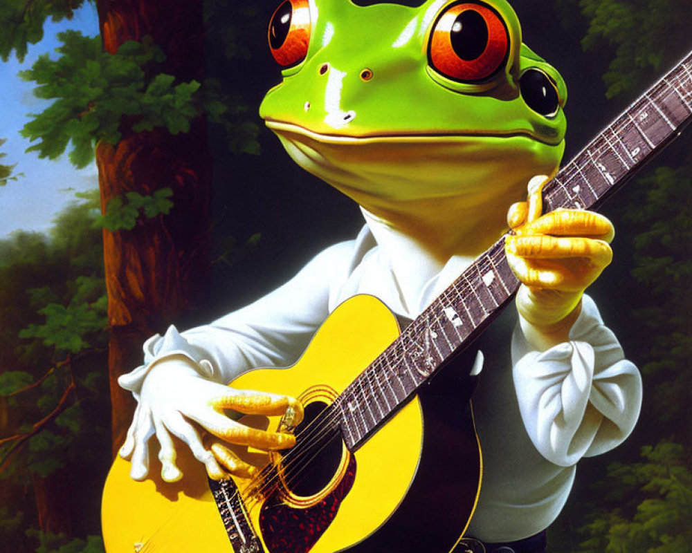 Green Frog with Red Eyes Playing Guitar in Forest Setting