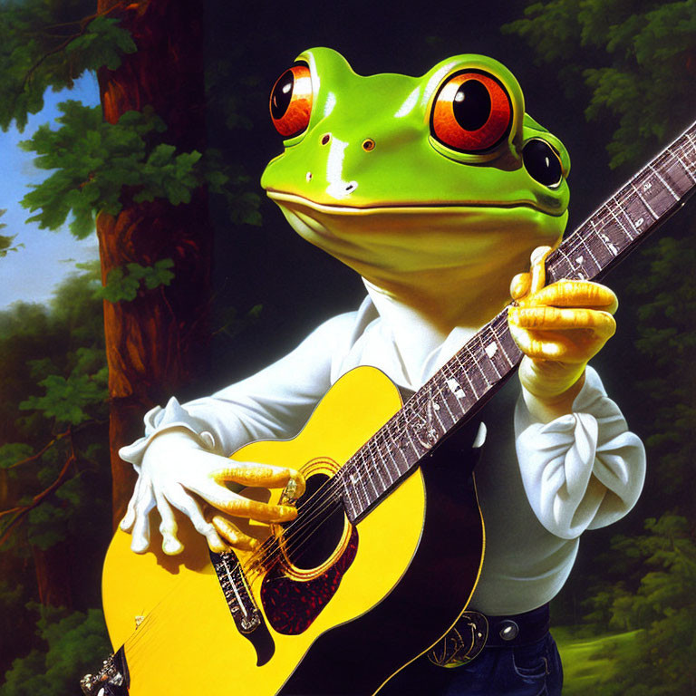 Green Frog with Red Eyes Playing Guitar in Forest Setting