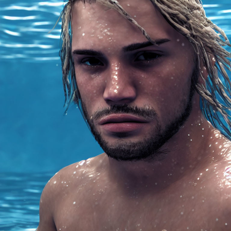 Man with Wet Blond Hair and Beard in Front of Blue Water Background