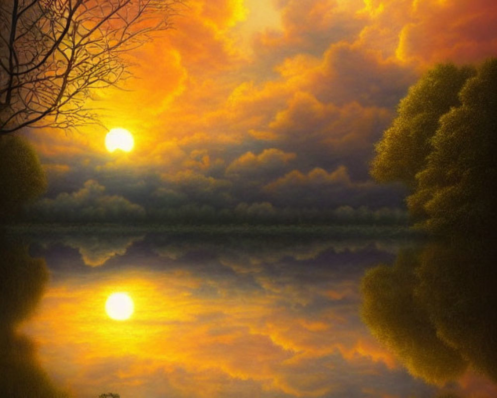 Tranquil sunset with vibrant orange clouds reflected in calm lake