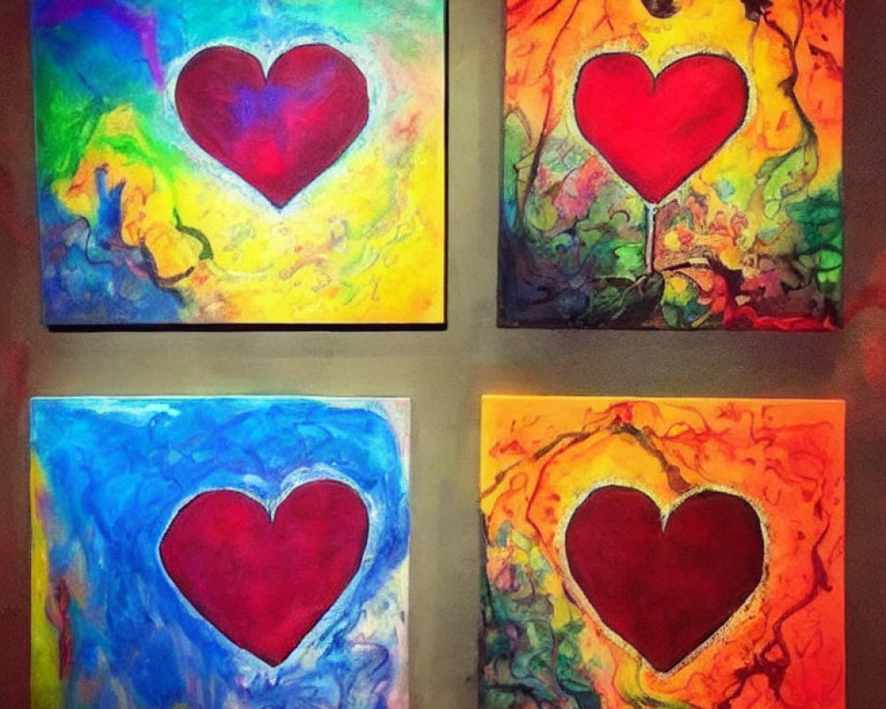 Vibrant Heart Paintings with Abstract Backgrounds on Wall