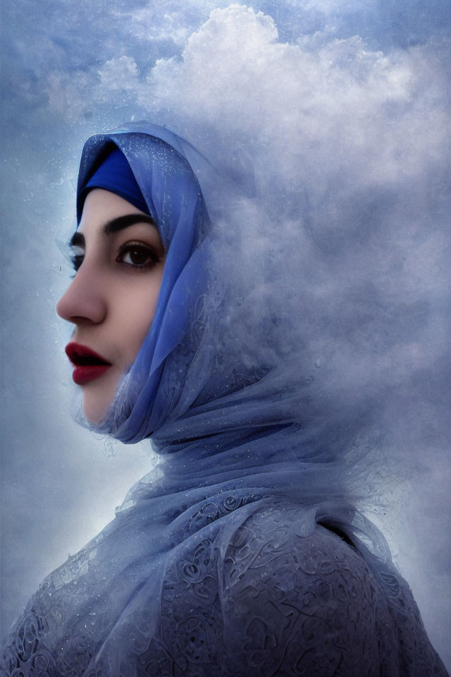 Portrait of a Woman in Blue Hijab with Cloudy Background