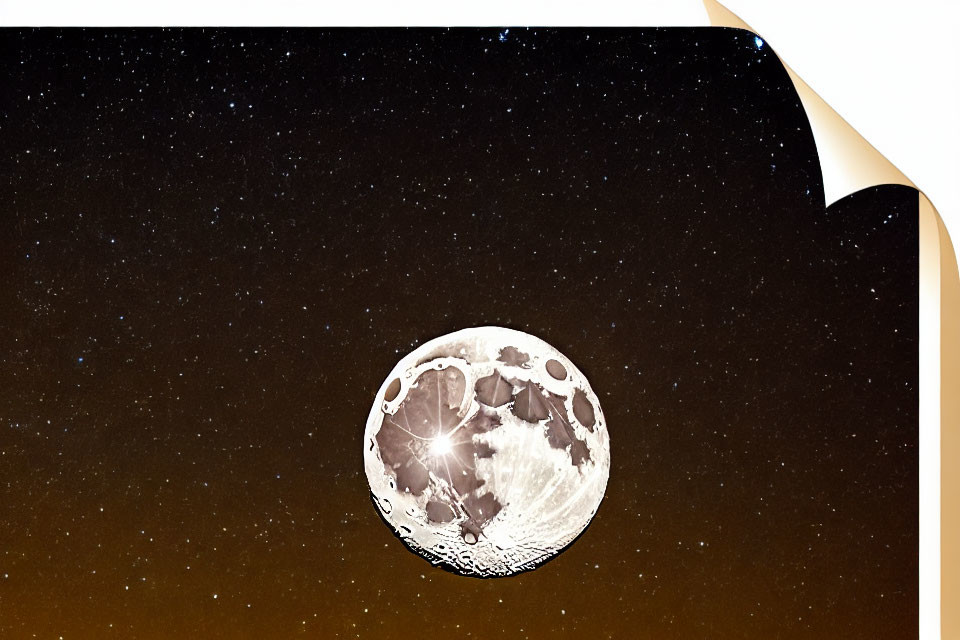 Curled full moon photo on starry night sky with brown gradient.