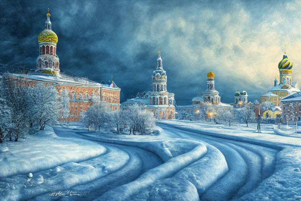 Snowy scene with ornate buildings, golden domes, and dramatic sky with footprints and tire