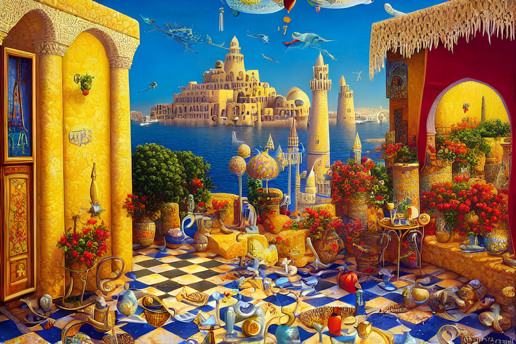 Colorful Fantasy Seaside Scene with Luxurious Interiors and Coastal Cityscape