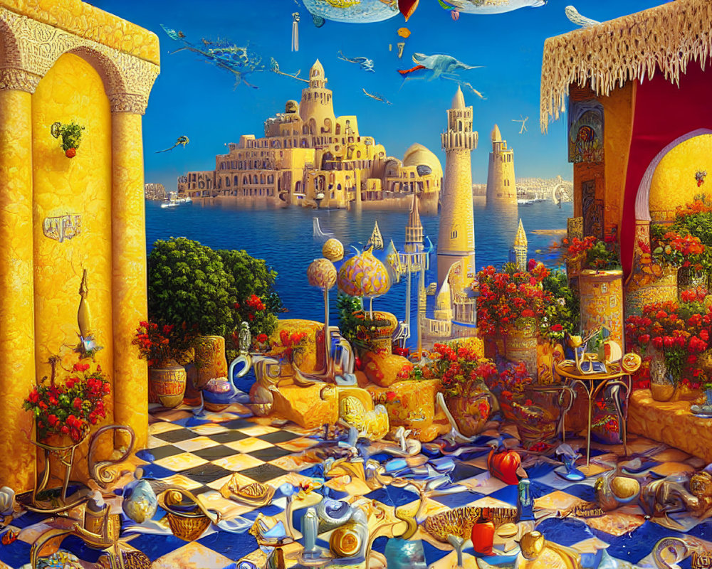 Colorful Fantasy Seaside Scene with Luxurious Interiors and Coastal Cityscape