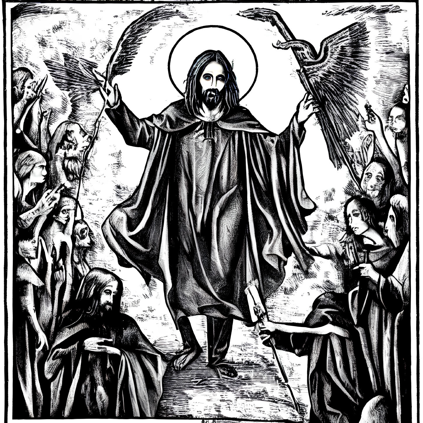 Monochrome illustration of robed figure with halo among crowd with outstretched arms.