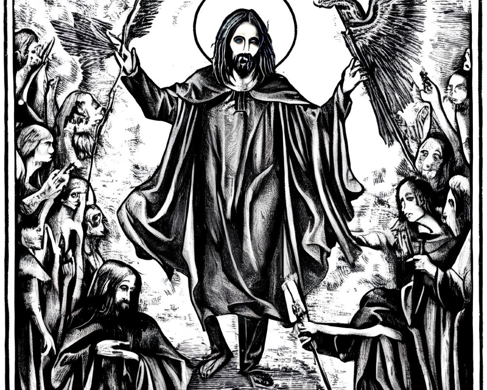 Monochrome illustration of robed figure with halo among crowd with outstretched arms.