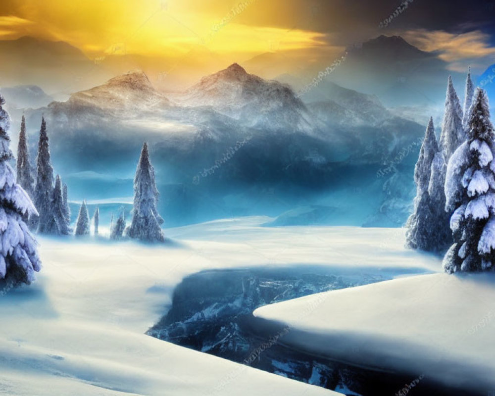 Winter Scene: Snowy Pine Trees & Misty Mountains at Sunset