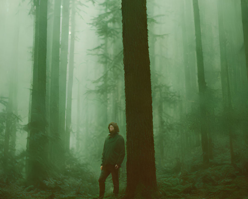 Misty green forest scene with tall trees and ferns