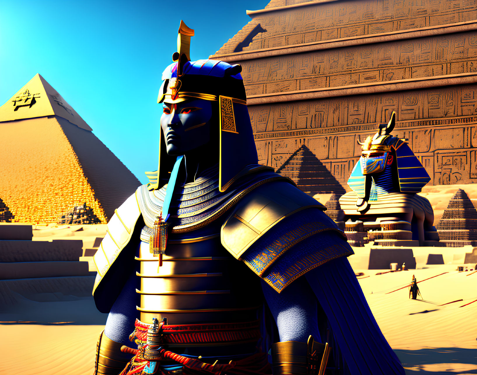 3D rendering of two pharaoh statues with headdresses in front of pyramids