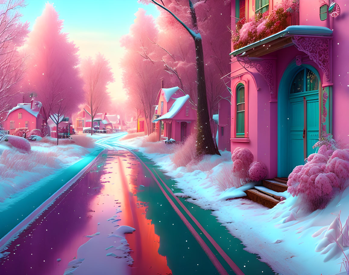 Colorful digital artwork: Quaint street with pastel houses, snowy trees, and ice-covered road