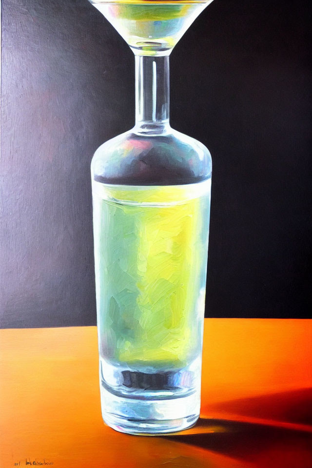 Colorful painting of glass bottle with yellow liquid and inverted glass on dual-shaded background