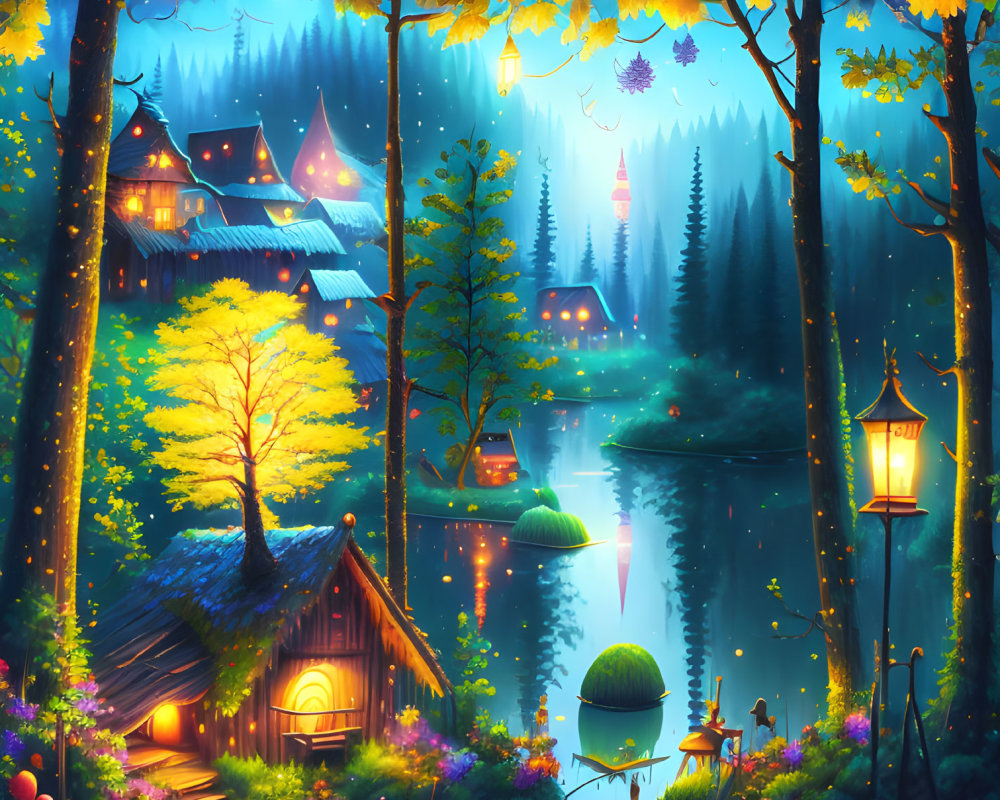 Twilight fantasy landscape with glowing lanterns, lake, cottages, and magical forest