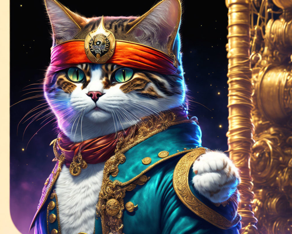 Regal Cat in Golden Crown and Outfit Standing with Scepter