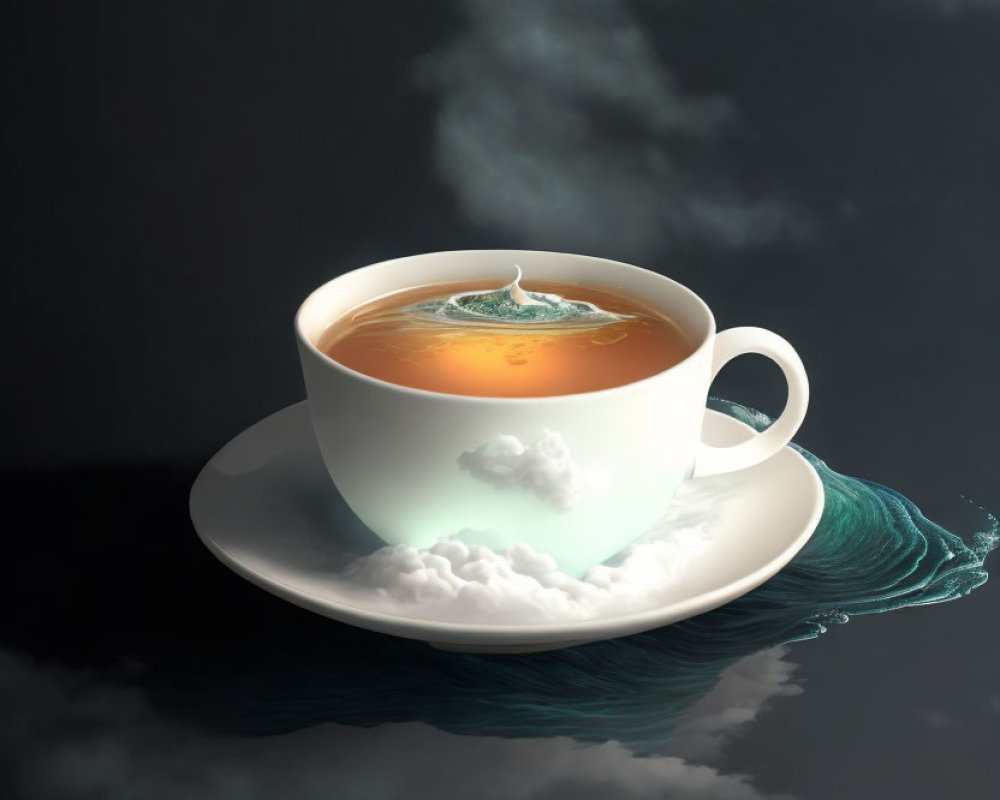 Surreal image: Tea cup reflects sky, clouds, and sun