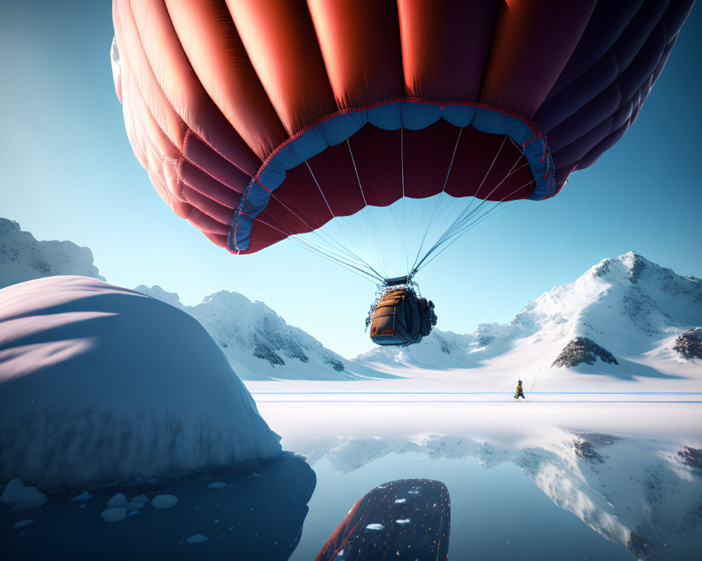 Scenic hot air balloon over snowy mountains with lone figure by water.