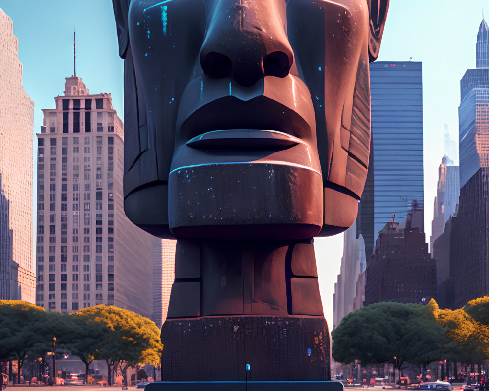 Giant futuristic head sculpture with cosmic texture in urban plaza