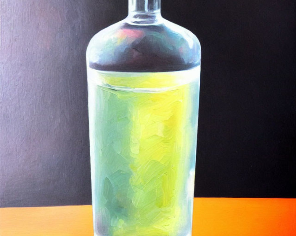 Colorful painting of glass bottle with yellow liquid and inverted glass on dual-shaded background