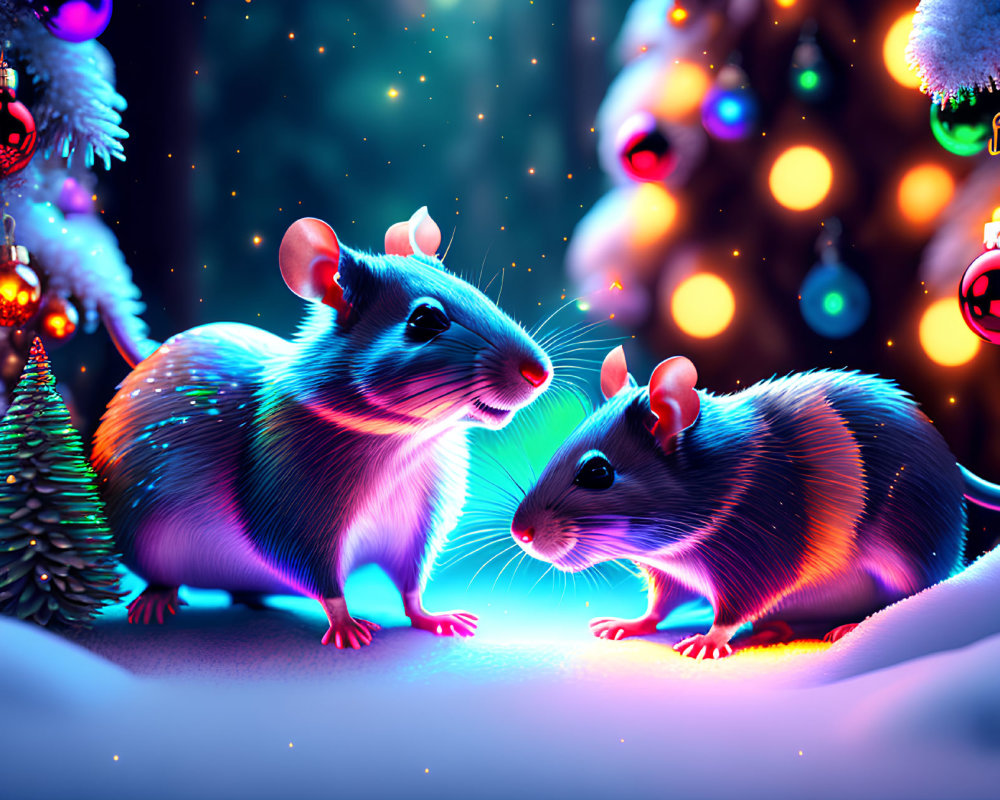 Illustrated mice in festive hats in colorful winter scene with Christmas tree