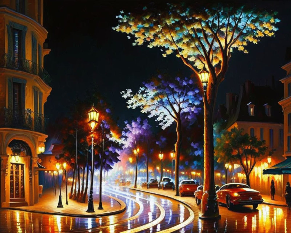 Vintage street lamps and colorful trees in reflective night scene