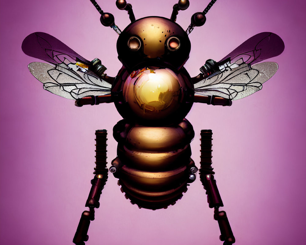 Stylized mechanical bee with metallic body parts and transparent wings on purple background